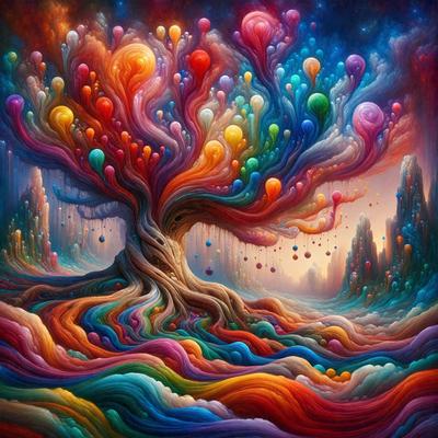 The primary subject of the image is a tree with a multitude of colorful balloons attached to it. The tree is located in a vibrant and colorful environment, with a backdrop of a colorful sky. The visual style of the image is digital art, as it is a painting with a surreal and whimsical atmosphere. The dominant colors in the image are a mix of bright and bold hues, creating a lively and cheerful mood.